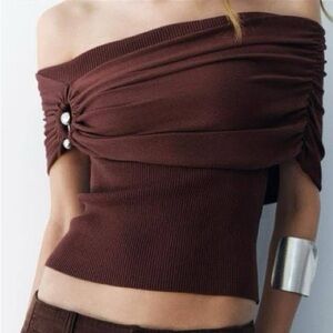 Zara Brown Off Shoulder Knit Top with Silver Detail Clasp